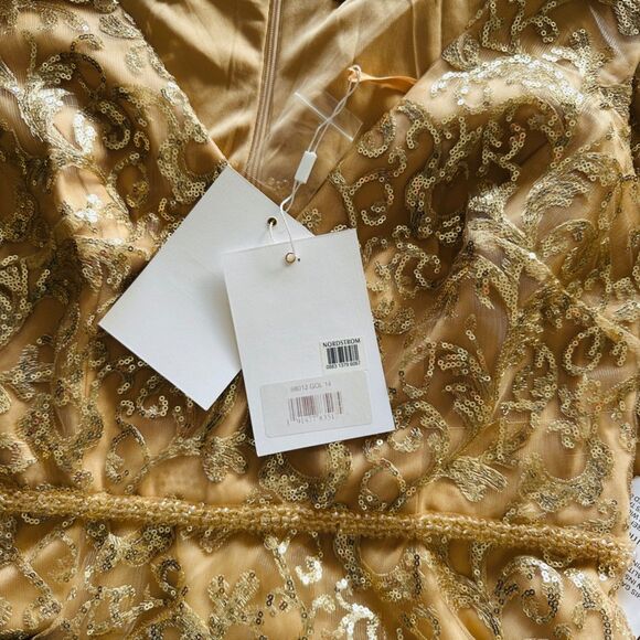 Mac Duggal Gold Sequined V Neck Cap Sleeve Dress Size 14 Midi Dress 68012 New - Picture 4 of 9